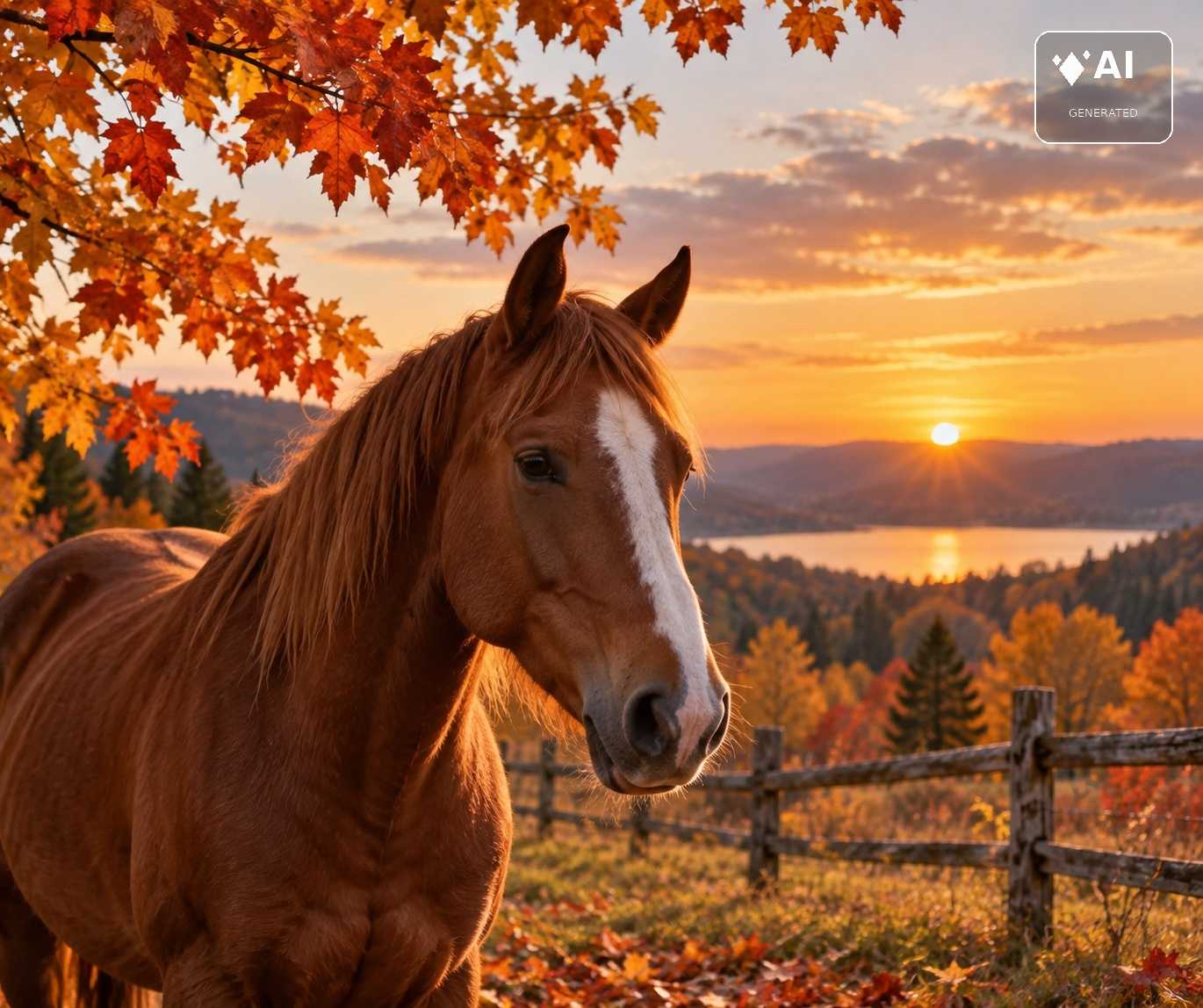 Braunes Pferd vor herbstlich gefärbter Landschaft mit See und Sonnenuntergang